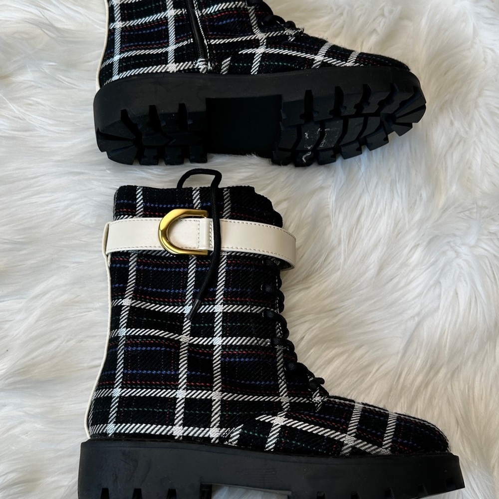 Charles & Keith Gabine Check-Print Lace-Up Ankle Boots kids US 2 age 7.5 - Picture 4 of 10
